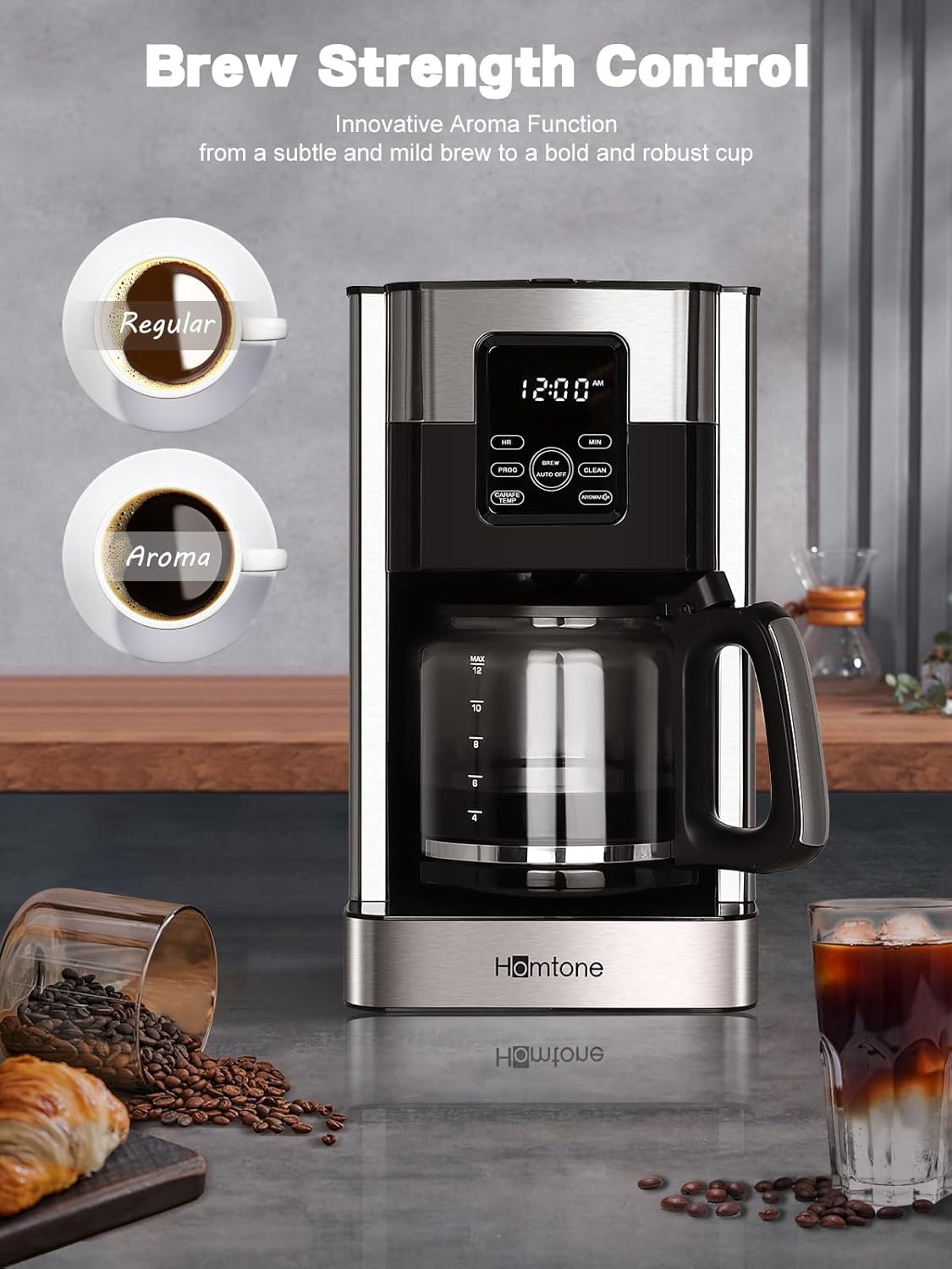 Homtone Coffee Maker 12 Cup Programmable, Anti-Drip Digital Coffee Machine, Brew Strength Control Coffee Maker for Hot Coffee, Stainless Steel, LCD Touch Screen, Permanent Filter, 1000W · v2