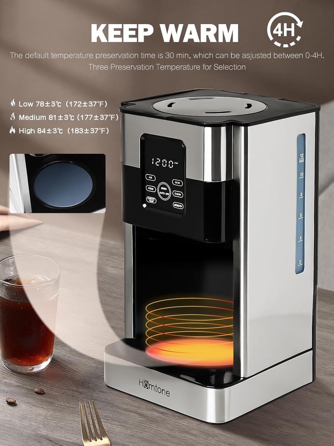 Homtone Coffee Maker 12 Cup Programmable, Anti-Drip Digital Coffee Machine, Brew Strength Control Coffee Maker for Hot Coffee, Stainless Steel, LCD Touch Screen, Permanent Filter, 1000W · v2