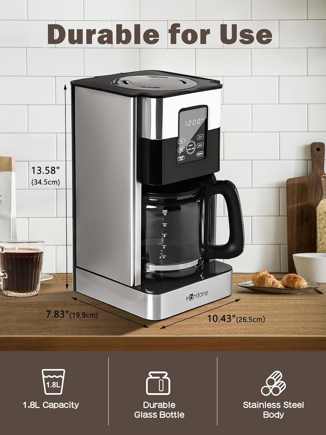 Homtone Coffee Maker 12 Cup Programmable, Anti-Drip Digital Coffee Machine, Brew Strength Control Coffee Maker for Hot Coffee, Stainless Steel, LCD Touch Screen, Permanent Filter, 1000W · v2