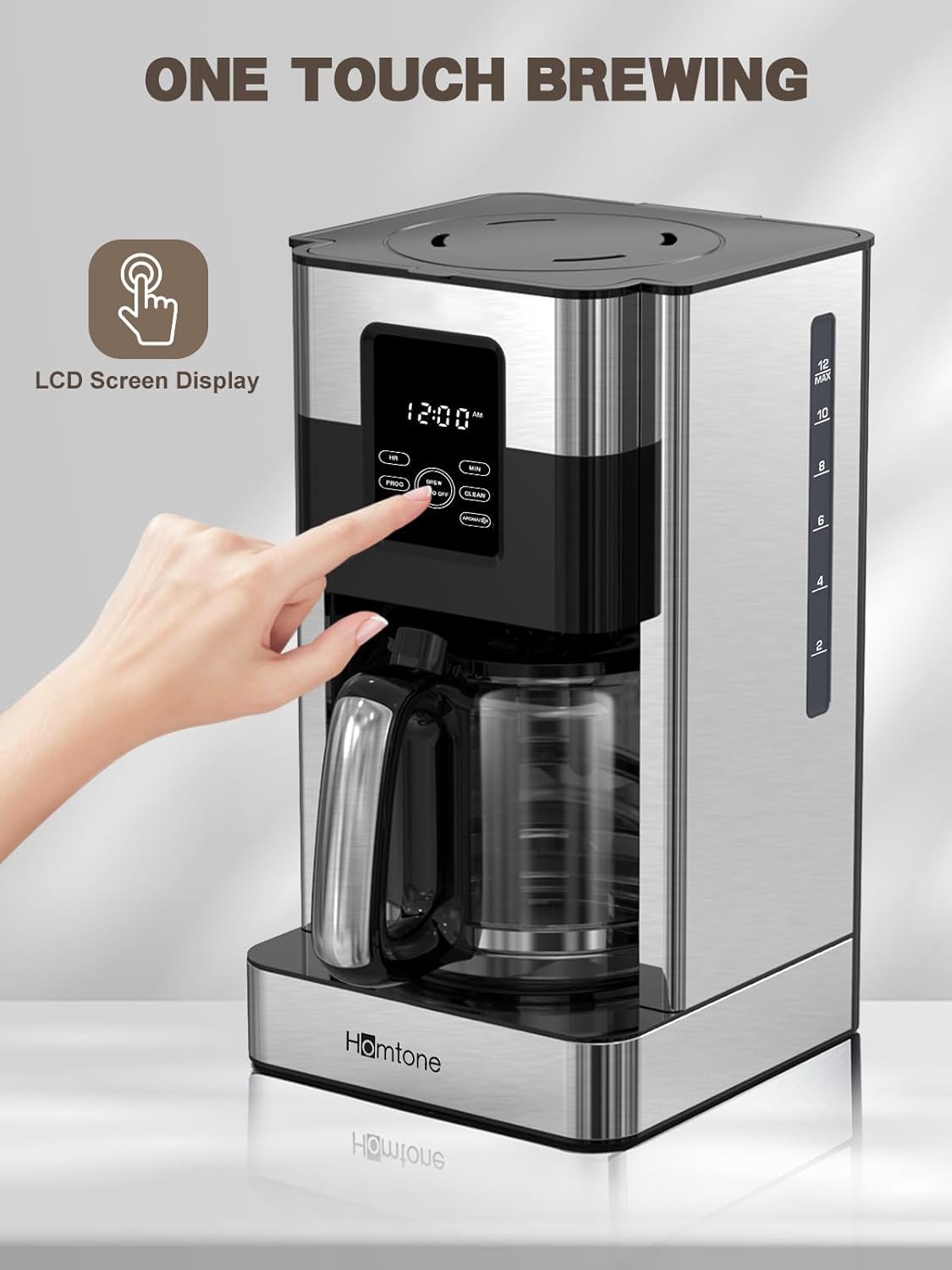 Homtone Coffee Maker 12 Cup Programmable, Anti-Drip Digital Coffee Machine, Brew Strength Control Coffee Maker for Hot Coffee, Stainless Steel, LCD Touch Screen, Permanent Filter, 1000W · v2