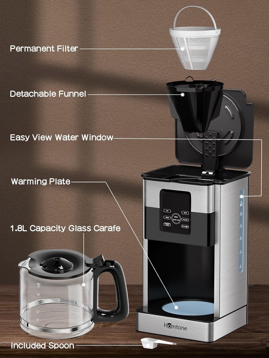 Homtone Coffee Maker 12 Cup Programmable, Anti-Drip Digital Coffee Machine, Brew Strength Control Coffee Maker for Hot Coffee, Stainless Steel, LCD Touch Screen, Permanent Filter, 1000W · v2