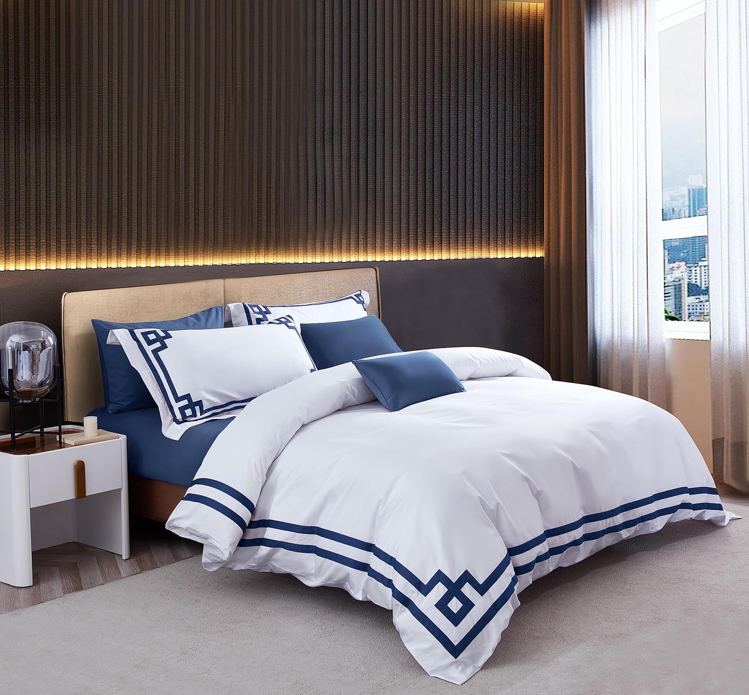 3 Pcs Do Not Include Filling Duvet Cover Set 100% Egyptian Cotton Sateen Luxury 400 TC (White Navy, Full) · v15