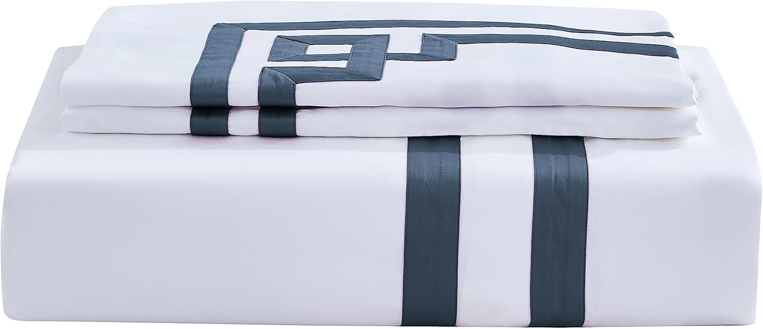 3 Pcs Do Not Include Filling Duvet Cover Set 100% Egyptian Cotton Sateen Luxury 400 TC (White Navy, Full) · v15