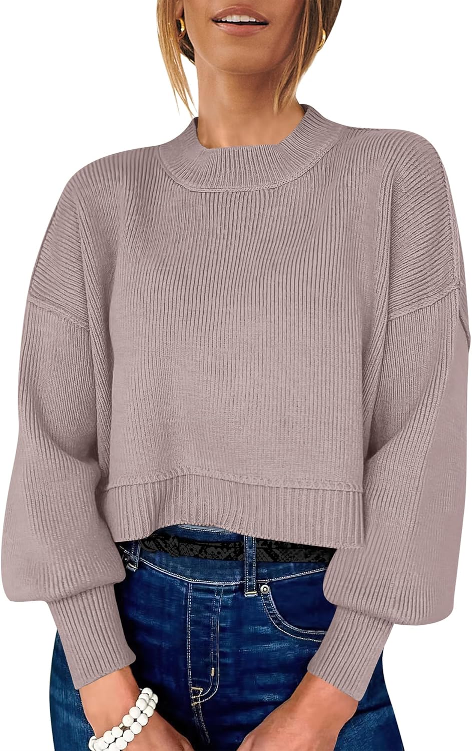 ANRABESS Sweater Wanita Oversized Crewneck Cropped Lengan Batwing Panjang Belahan Samping Rajutan Bergaris Atasan Pullover Musim Gugur 2024 Trendi