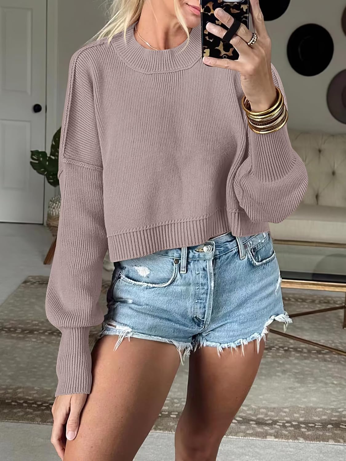ANRABESS Womens Oversized Crewneck Cropped Sweaters Long Batwing Sleeve Side Slit Ribbed Knit Pullover Tops 2024 Fall Trendy