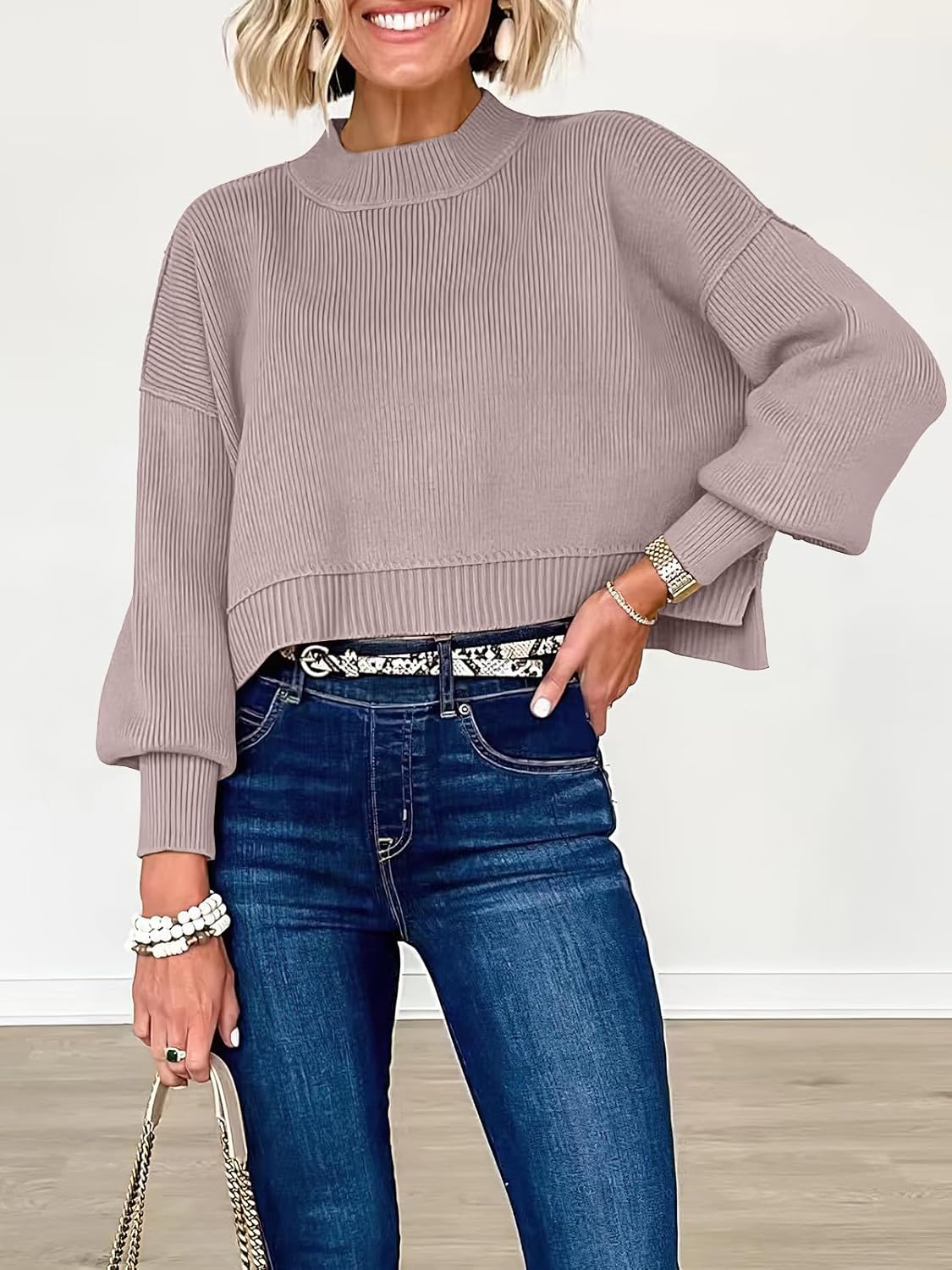 ANRABESS Womens Oversized Crewneck Cropped Sweaters Long Batwing Sleeve Side Slit Ribbed Knit Pullover Tops 2024 Fall Trendy