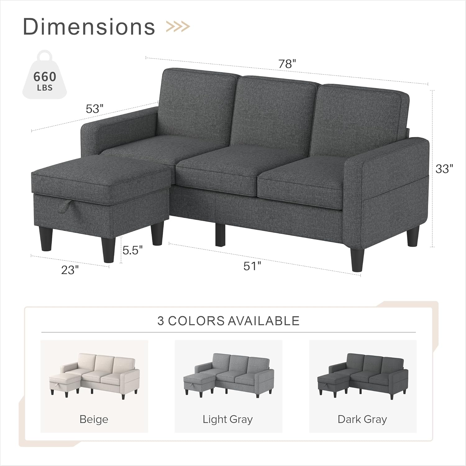 Youmumeub Sofas für das Wohnzimmer — ausziehbares Ecksofa, L-förmiges Sofa aus Leinenstoff mit Stauraum, Hocker, Suit, 3-Sitzer-Sofa für kleines Wohnzimmer und Wohnung — Weiß-Dunkelgrau