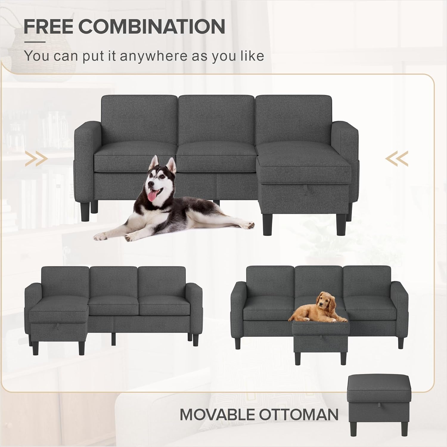 Youmumeub Sofas für das Wohnzimmer — ausziehbares Ecksofa, L-förmiges Sofa aus Leinenstoff mit Stauraum, Hocker, Suit, 3-Sitzer-Sofa für kleines Wohnzimmer und Wohnung — Weiß-Dunkelgrau