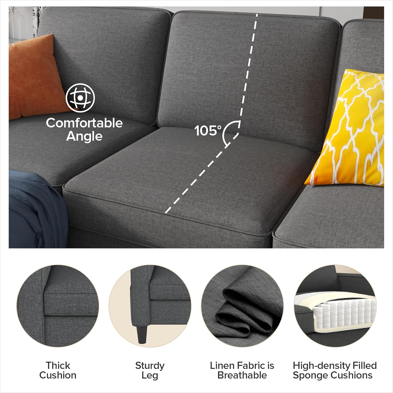 Youmumeub Sofas für das Wohnzimmer — ausziehbares Ecksofa, L-förmiges Sofa aus Leinenstoff mit Stauraum, Hocker, Suit, 3-Sitzer-Sofa für kleines Wohnzimmer und Wohnung — Weiß-Dunkelgrau