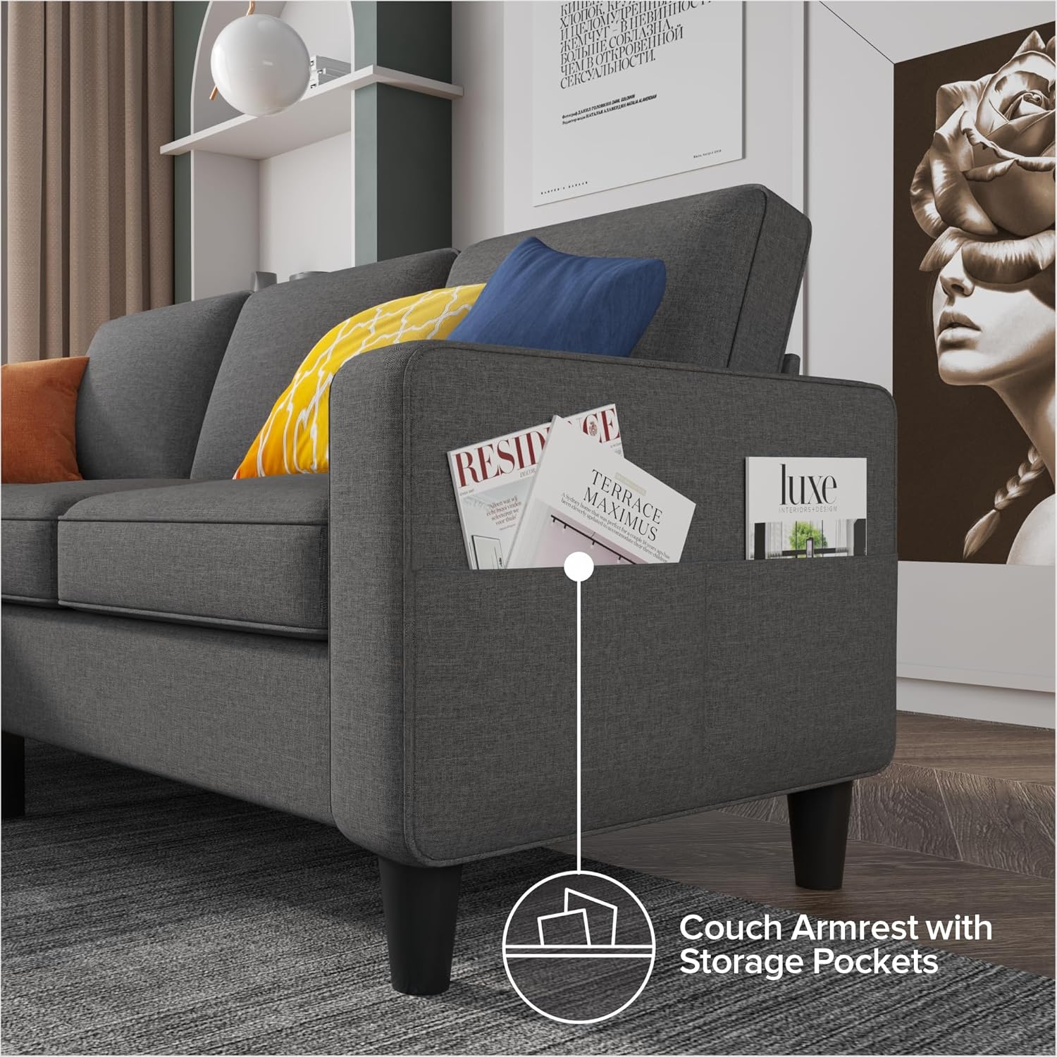 Youmumeub Sofas für das Wohnzimmer — ausziehbares Ecksofa, L-förmiges Sofa aus Leinenstoff mit Stauraum, Hocker, Suit, 3-Sitzer-Sofa für kleines Wohnzimmer und Wohnung — Weiß-Dunkelgrau