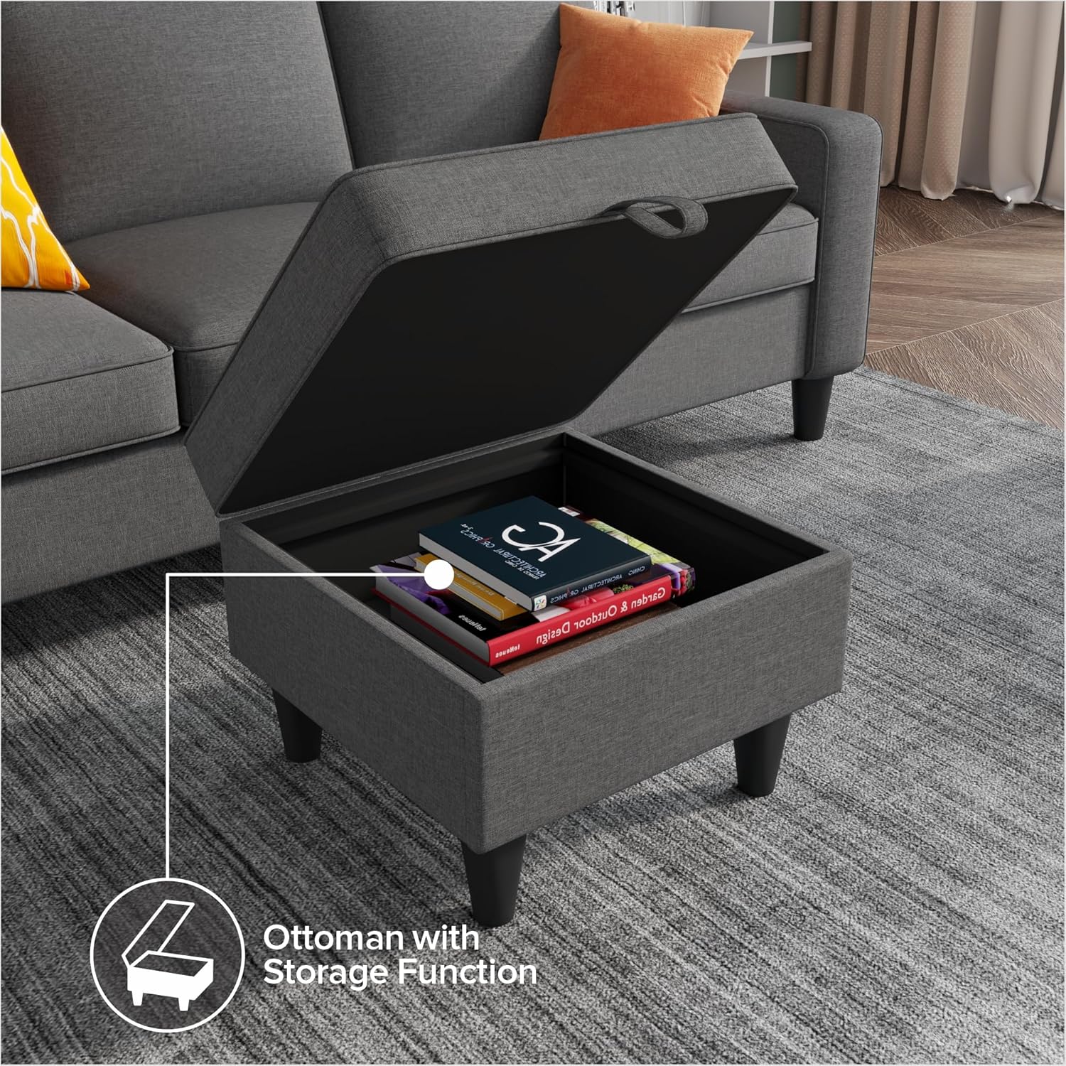 Youmumeub Sofas für das Wohnzimmer — ausziehbares Ecksofa, L-förmiges Sofa aus Leinenstoff mit Stauraum, Hocker, Suit, 3-Sitzer-Sofa für kleines Wohnzimmer und Wohnung — Weiß-Dunkelgrau