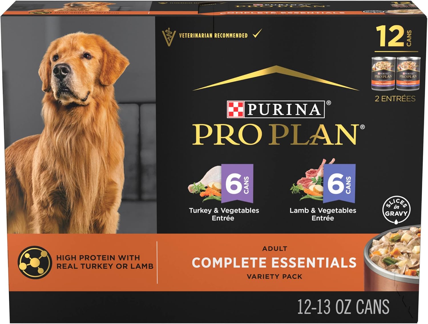 Purina Pro Plan Complete Essentials para cordero y verduras y pavo y verduras en salsa, 12 unidades, alimento húmedo para perros con alto contenido de proteínas, paquete variado (paquete de 12) latas de 13 onzas