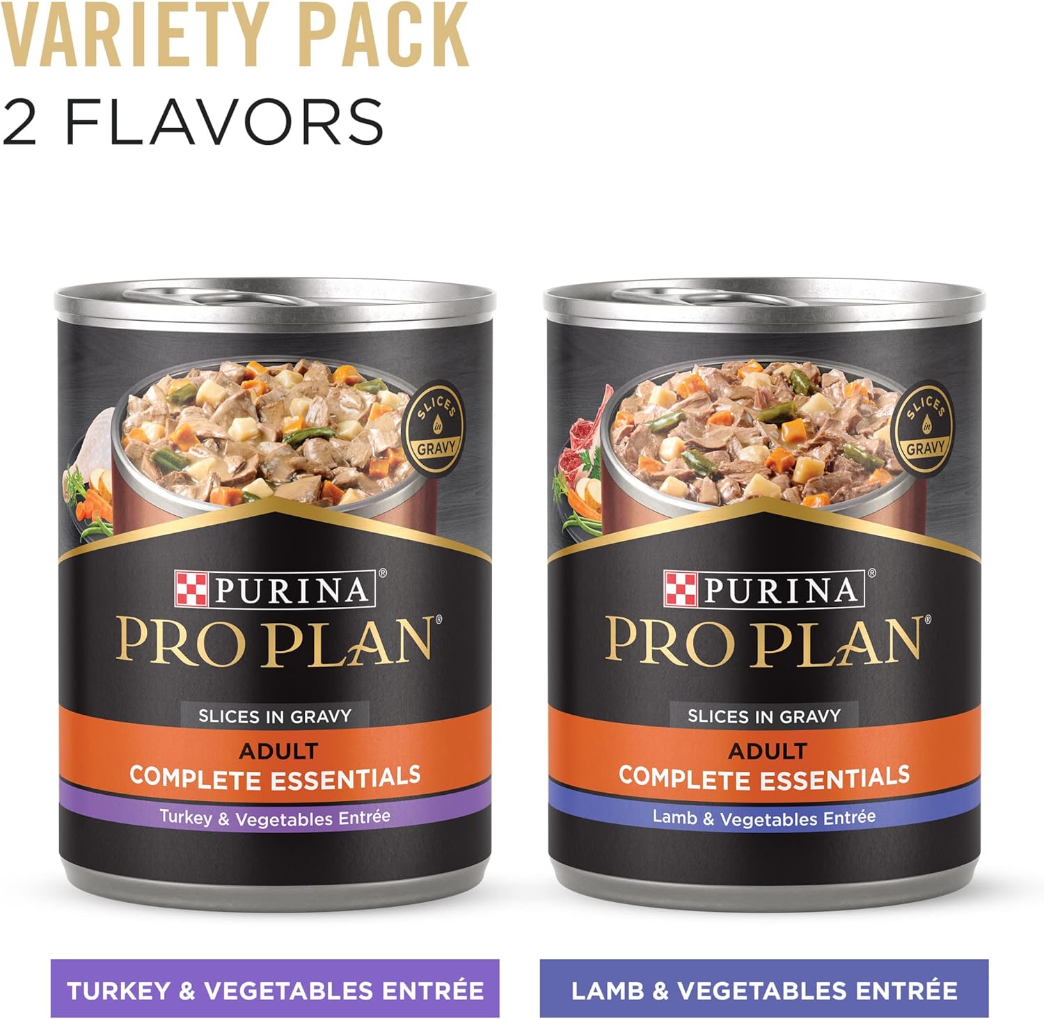 Purina Pro Plan Complete Essentials para cordero y verduras y pavo y verduras en salsa, 12 unidades, alimento húmedo para perros con alto contenido de proteínas, paquete variado (paquete de 12) latas de 13 onzas