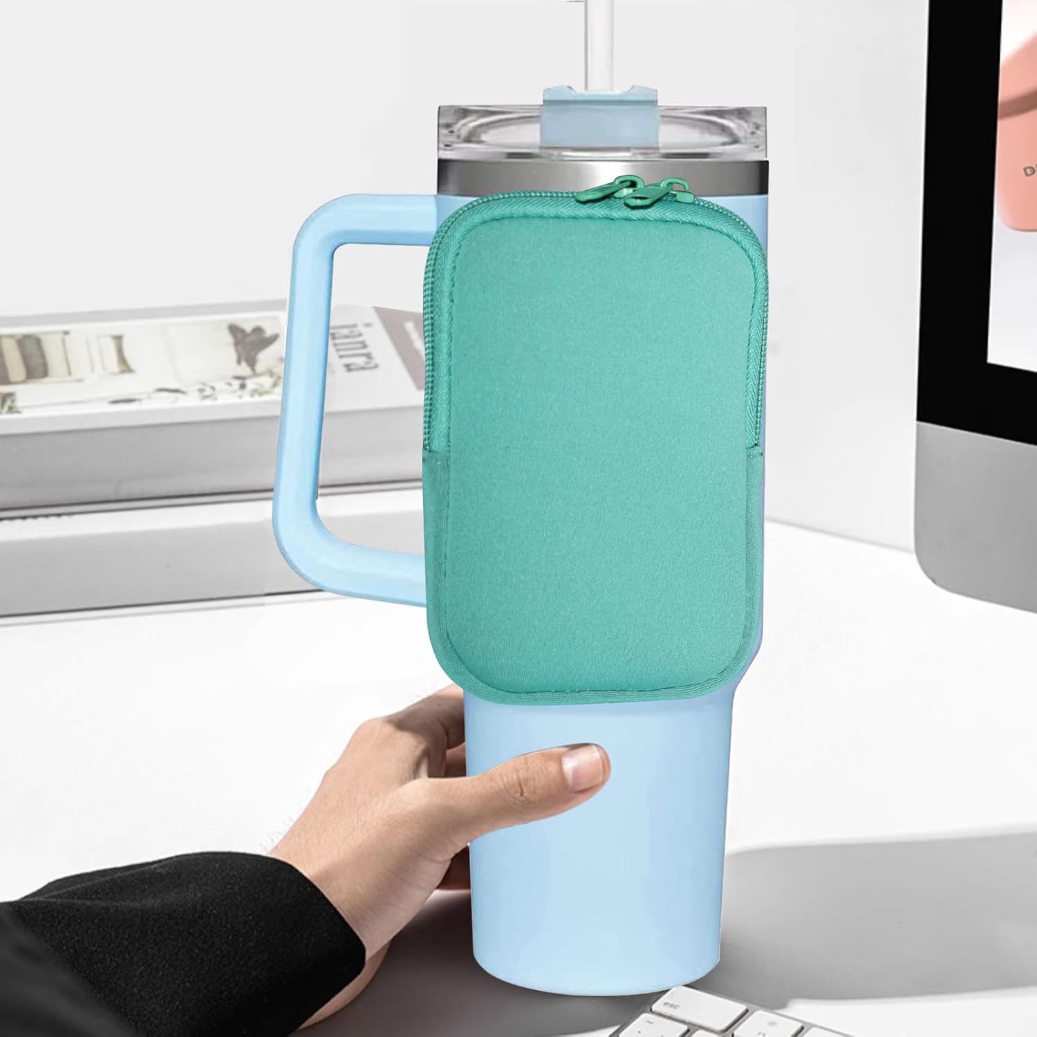 TEGOOL Water Bottle Pouch, Compatible with Stanley Quencher Adventure 40oz  Fit for Stanley IceFlow 20oz 30oz,Handheld Pocket for Safely Carry Cards Keys, Wallet, Earphone etc. Daily Necessities