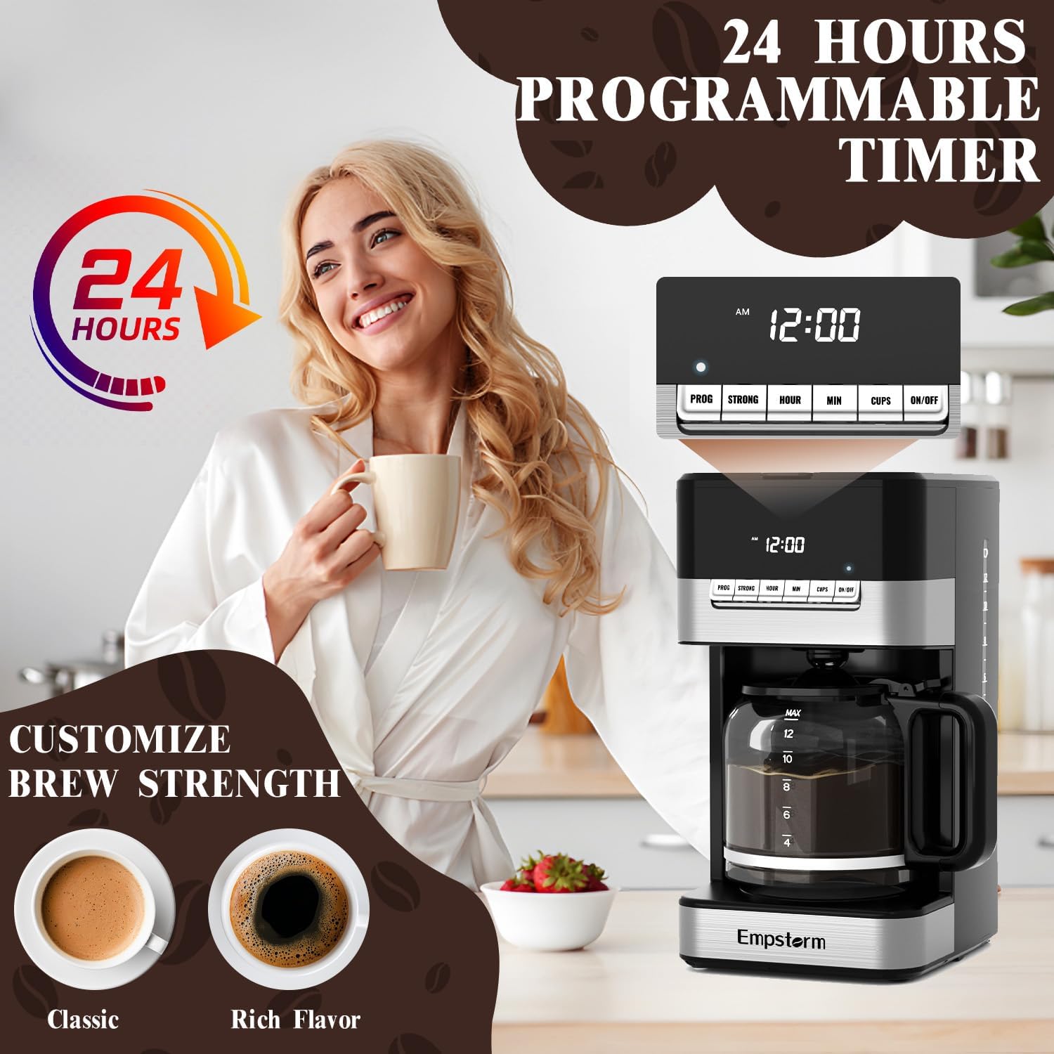Programmable Drip Coffee Maker 4-12 Cup, 1000W Fast Brew Coffee Machine with Glass Carafe, 4-Hour Auto Shut Off  Keep Warm, Anti-Drip System, Strong Brew, Coffee Pot For Home Use · v2