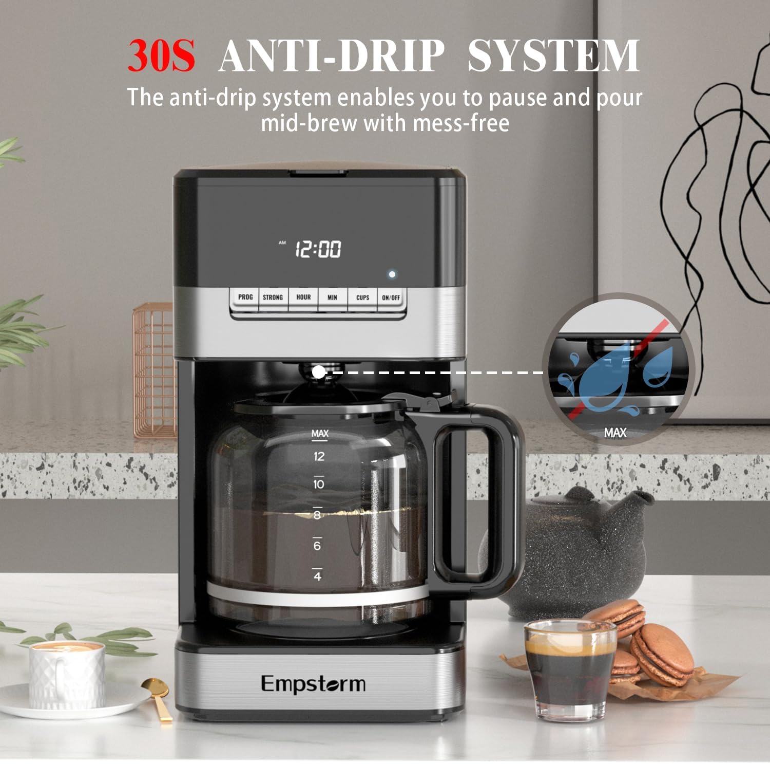 Programmable Drip Coffee Maker 4-12 Cup, 1000W Fast Brew Coffee Machine with Glass Carafe, 4-Hour Auto Shut Off  Keep Warm, Anti-Drip System, Strong Brew, Coffee Pot For Home Use · v2