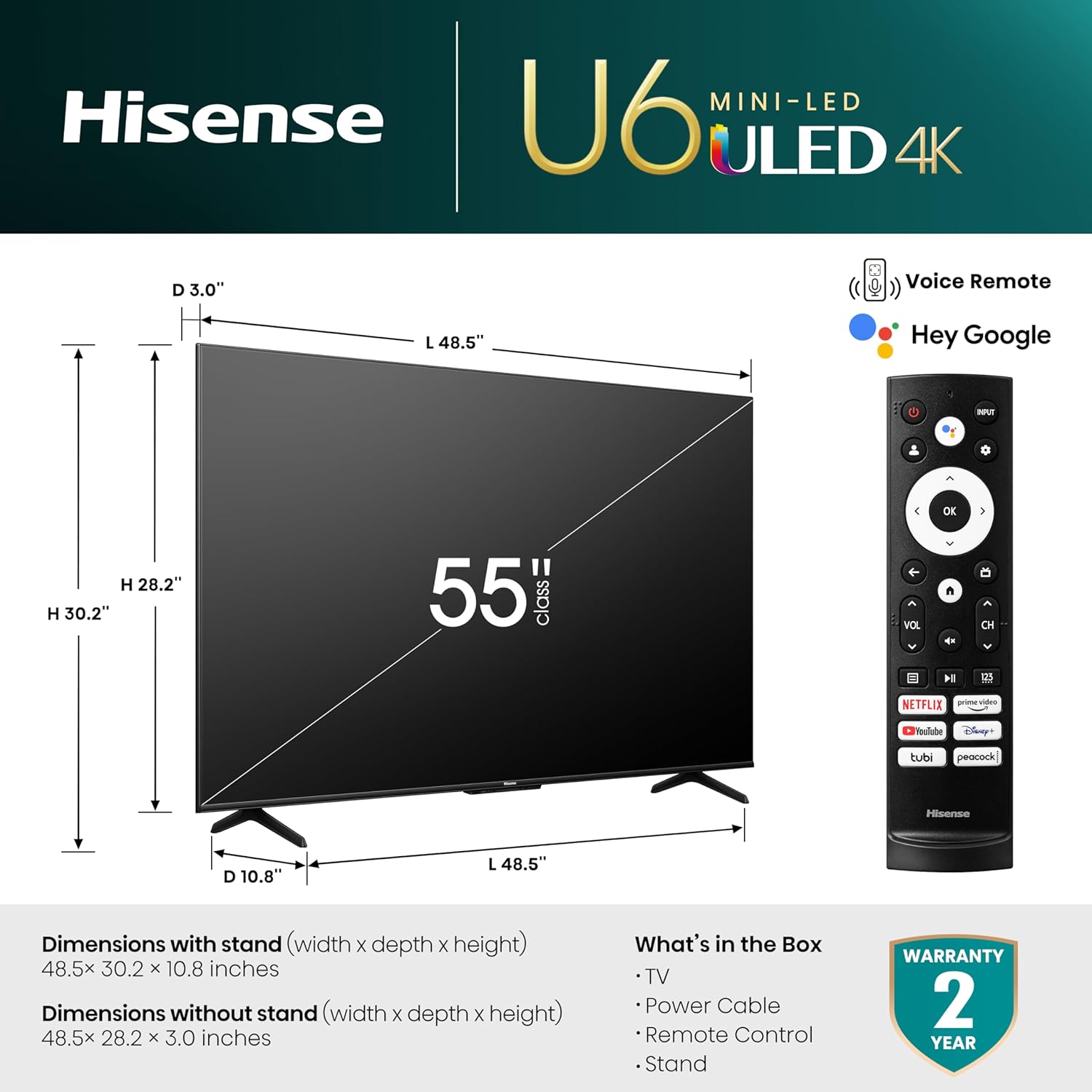 Mini-LED Hisense serie U6 da 55 pollici ULED 4K UHD Google Smart TV (55U6K) - QLED, oscuramento locale completo, Dolby Vision IQ，HDR 10, VRR Game Mode Plus, 240 Motion Rate, compatibilità con Alexa