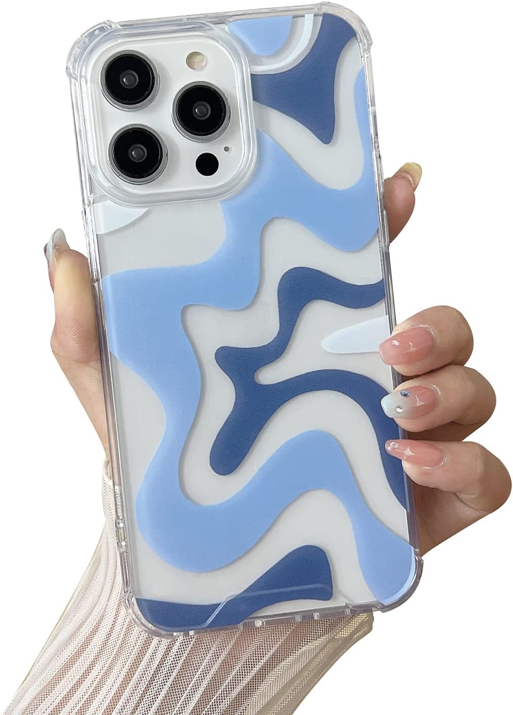 Compatible avec la coque de téléphone pour iPhone 14/iPhone 13, Cute Art Wavy Painted pour femmes et filles, coque de protection arrière en TPU souple et résistante aux chocs, bleue (iPhone 14/iPhone 13)