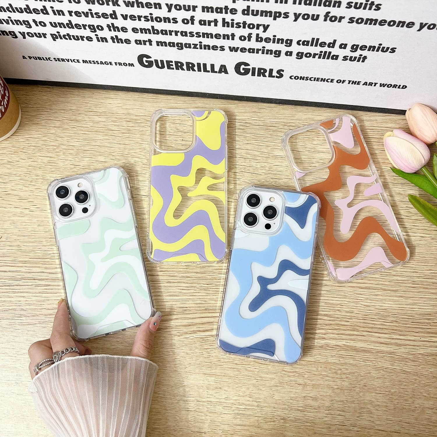Compatible avec la coque de téléphone pour iPhone 14/iPhone 13, Cute Art Wavy Painted pour femmes et filles, coque de protection arrière en TPU souple et résistante aux chocs, bleue (iPhone 14/iPhone 13)