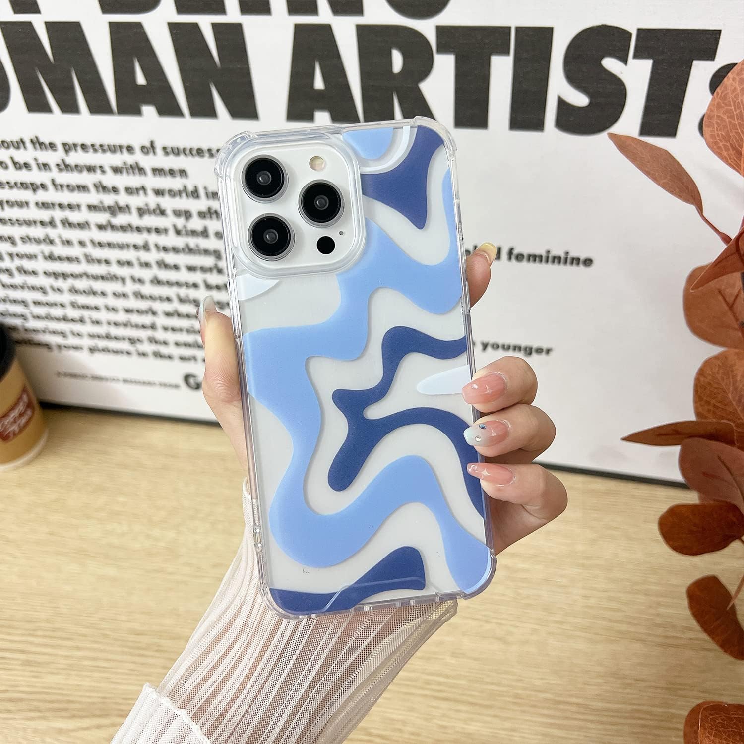 Compatible avec la coque de téléphone pour iPhone 14/iPhone 13, Cute Art Wavy Painted pour femmes et filles, coque de protection arrière en TPU souple et résistante aux chocs, bleue (iPhone 14/iPhone 13)