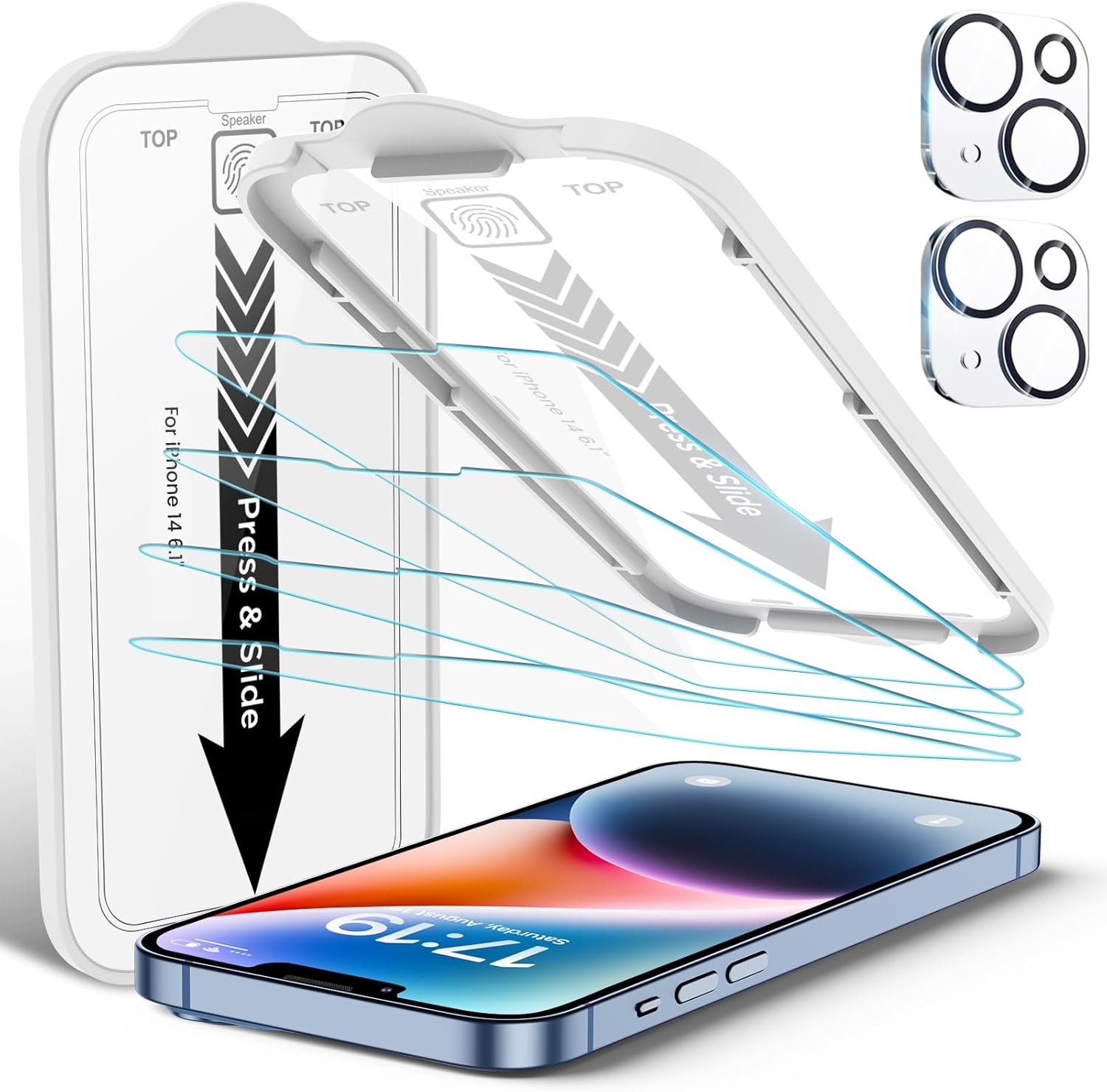 EZ-GLAZ-4 Pack Screen Protector for iPhone 14[6.1 inches] With 2 Pack Camera Lens Protector, [Drop Protection] 9H Hardness Scratch Resistant Tempered Glass Film, Easy to install - HD Clear
