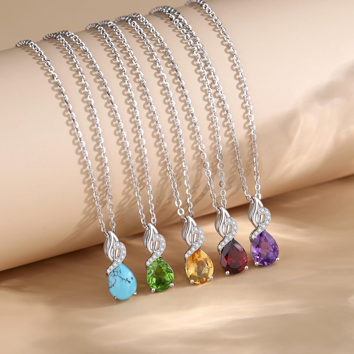 FANCIME จี้หยดน้ำทองคำขาวแท้ 14K พร้อมสร้อยคอเพชรพลอยประจำเดือนเกิด ของขวัญวันเกิดสำหรับคุณแม่ ผู้หญิง โซ่เงินสเตอร์ลิง ยาว 16.2 นิ้ว