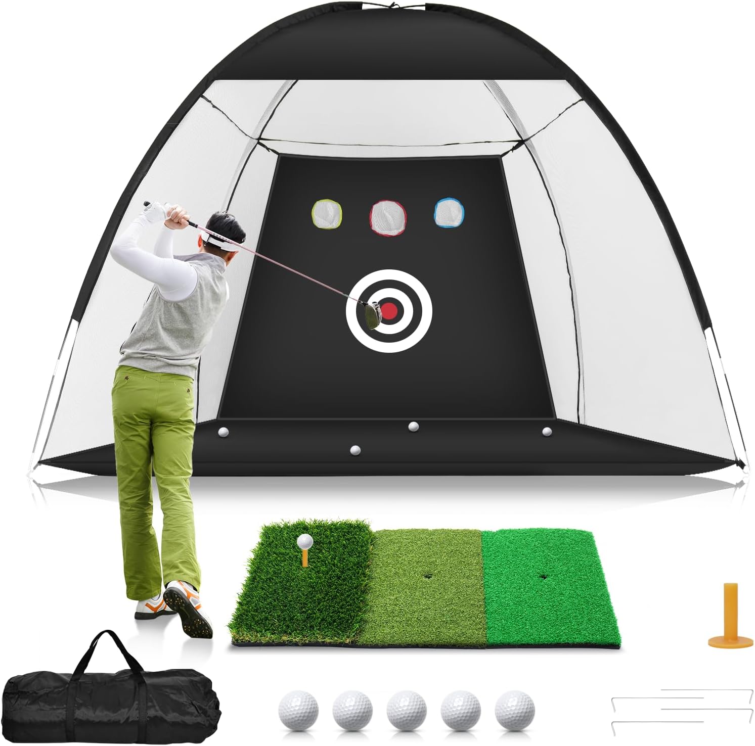 Rete da golf, rete da allenamento da golf da 10x7 piedi con tappetino da golf Tri-Turf, rete di aiuto per il golf All in 1 Home Home per guida in cortile, allenamento di scheggiatura e swing con bersaglio/materassino/palline/tee/borsa - Regalo per uomini/amanti del golf