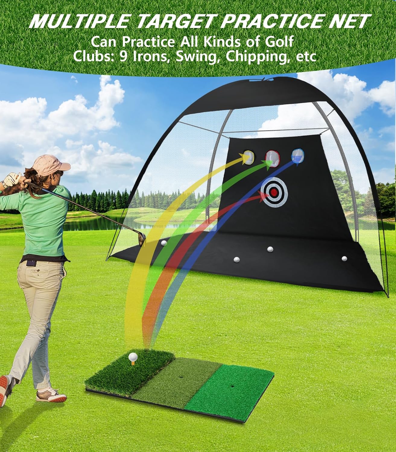 Rete da golf, rete da allenamento da golf da 10x7 piedi con tappetino da golf Tri-Turf, rete di aiuto per il golf All in 1 Home Home per guida in cortile, allenamento di scheggiatura e swing con bersaglio/materassino/palline/tee/borsa - Regalo per uomini/amanti del golf