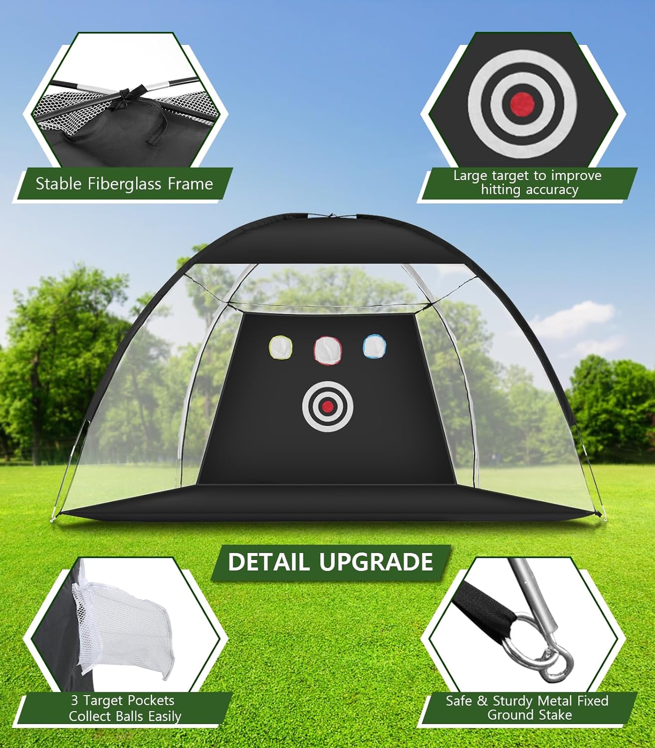 Rete da golf, rete da allenamento da golf da 10x7 piedi con tappetino da golf Tri-Turf, rete di aiuto per il golf All in 1 Home Home per guida in cortile, allenamento di scheggiatura e swing con bersaglio/materassino/palline/tee/borsa - Regalo per uomini/amanti del golf