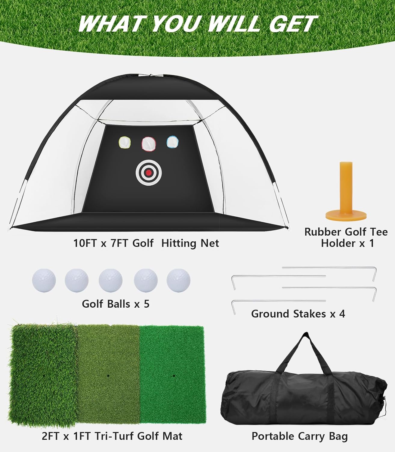 Rete da golf, rete da allenamento da golf da 10x7 piedi con tappetino da golf Tri-Turf, rete di aiuto per il golf All in 1 Home Home per guida in cortile, allenamento di scheggiatura e swing con bersaglio/materassino/palline/tee/borsa - Regalo per uomini/amanti del golf