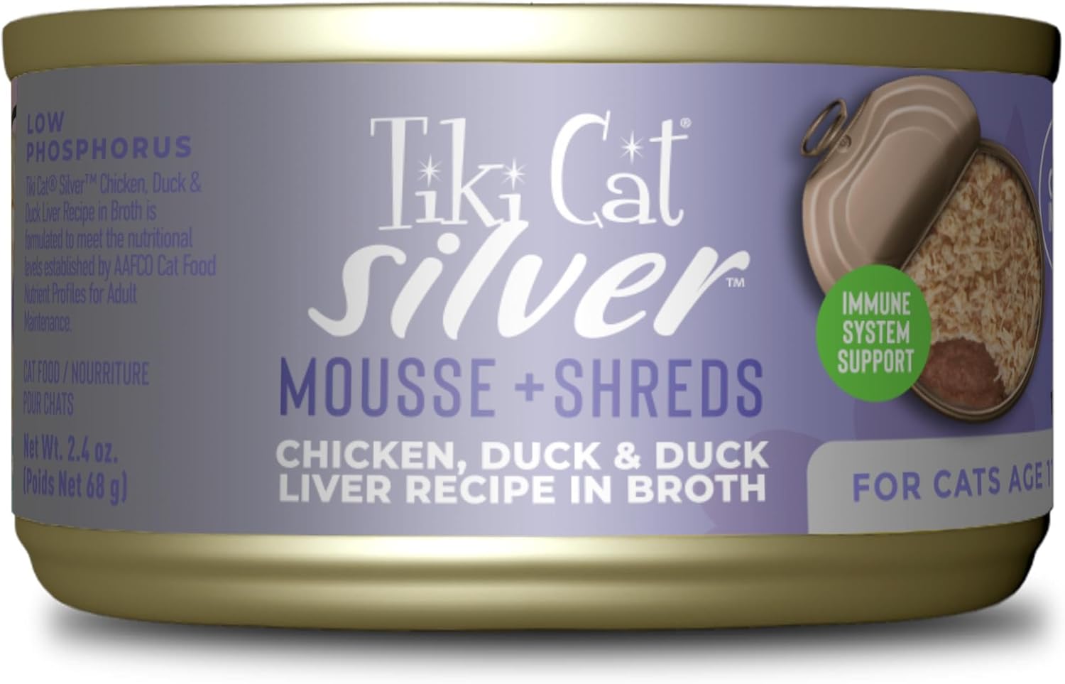Mousse Tiki Cat Silver Comfort en lambeaux, poulet, canard et foie de canard, soutien du système immunitaire formulé pour les chats âgés de 11 ans, nourriture humide pour chats âgés, boîtes de 2,4 oz (lot de 12)