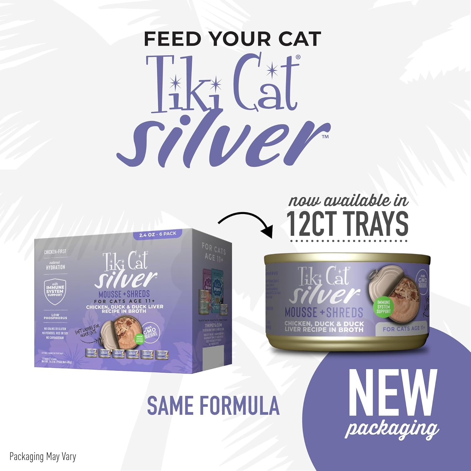 Tiki Cat Silver Comfort Mousse Shreds, pollo, anatra e fegato d'anatra, supporto del sistema immunitario formulato per gatti anziani di 11 anni, cibo umido per gatti anziani, lattine da 2,4 once (confezione da 12)