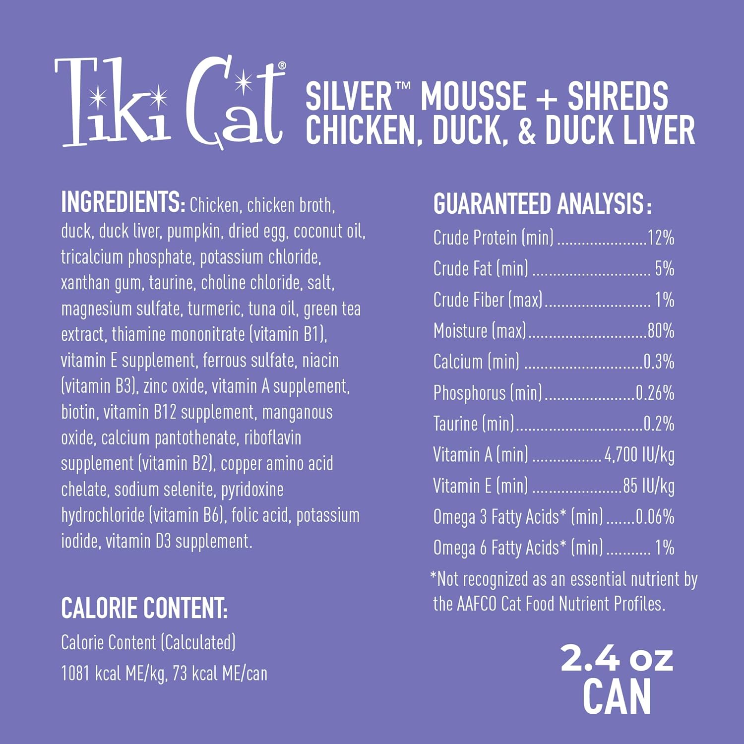 Tiki Cat Silver Comfort Mousse Shreds, pollo, anatra e fegato d'anatra, supporto del sistema immunitario formulato per gatti anziani di 11 anni, cibo umido per gatti anziani, lattine da 2,4 once (confezione da 12)