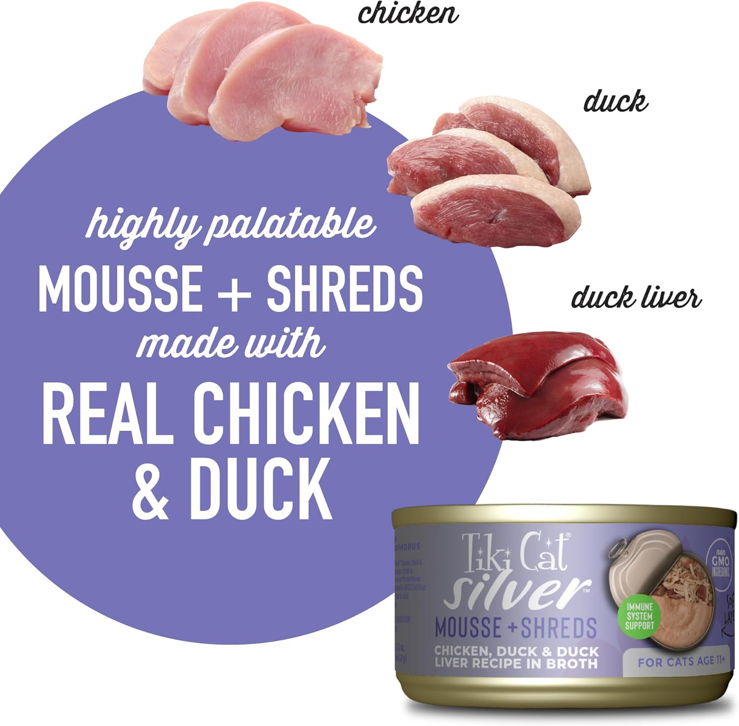 Tiki Cat Silver Comfort Mousse Shreds, pollo, anatra e fegato d'anatra, supporto del sistema immunitario formulato per gatti anziani di 11 anni, cibo umido per gatti anziani, lattine da 2,4 once (confezione da 12)