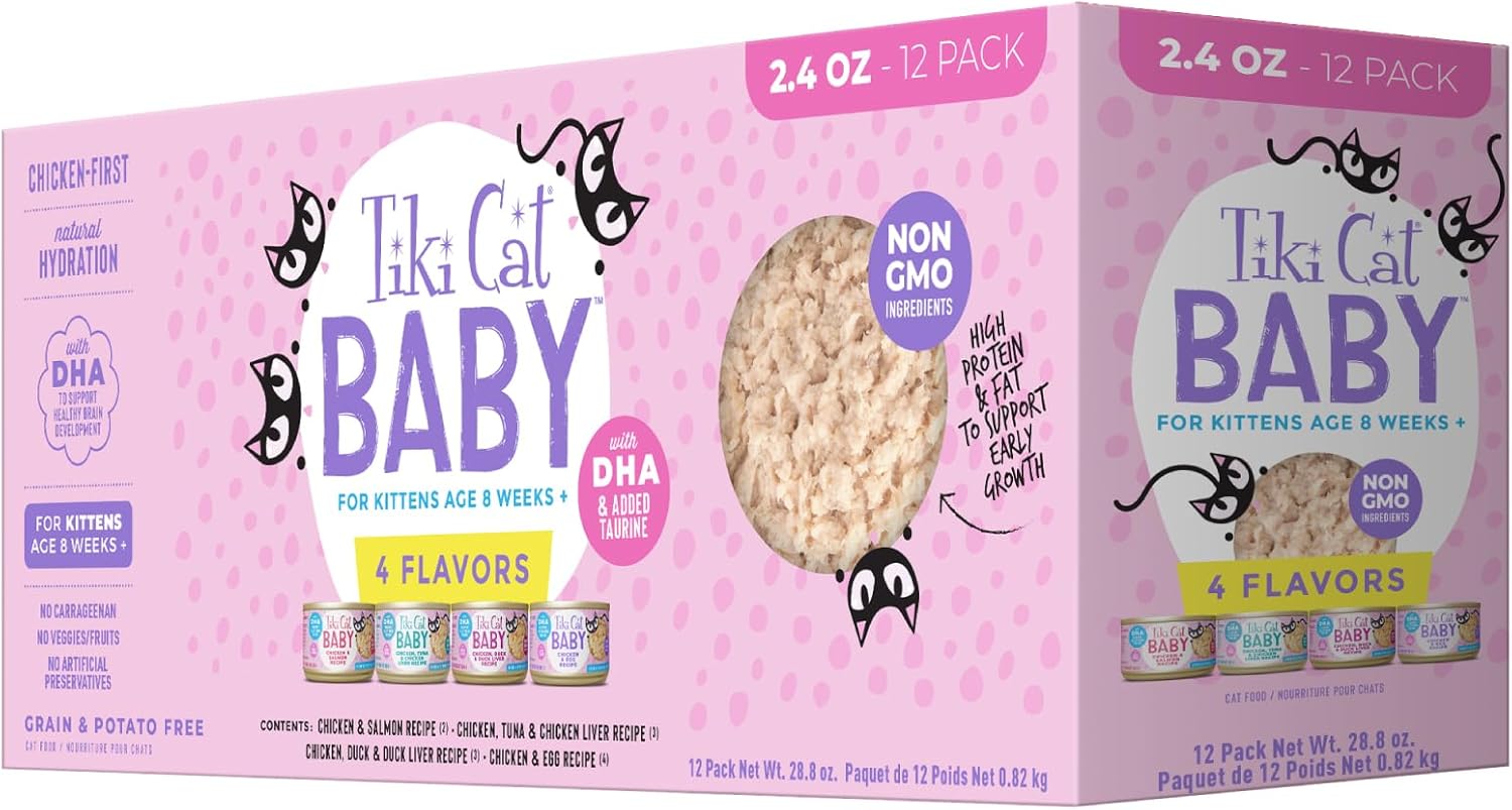 Tiki Cat Baby, Shreds Variety Pack, ad alto contenuto proteico e aromatizzato, cibo umido per gattini 8 Weeks Plus, 2,4 once. Lattine (confezione da 12)
