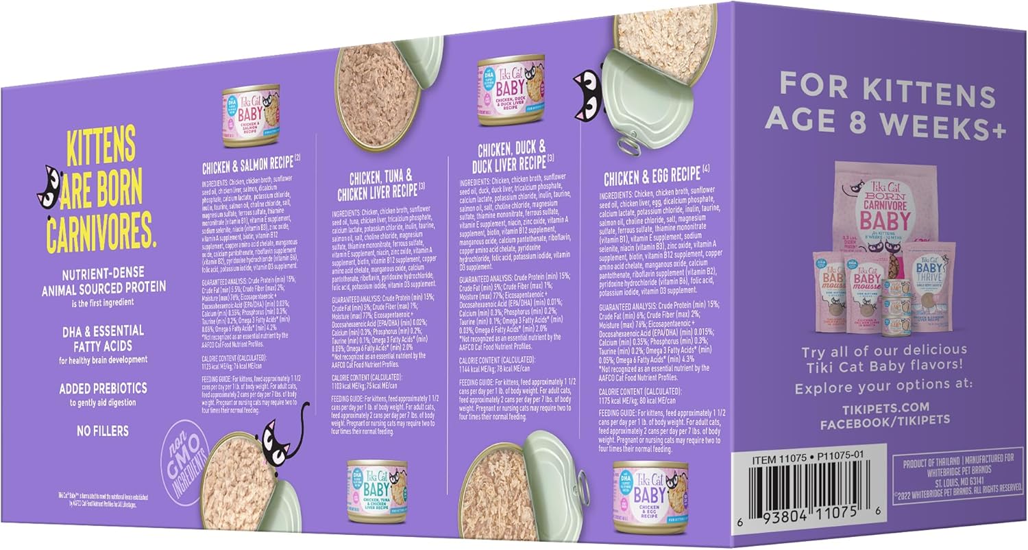 Tiki Cat Baby, Shreds Variety Pack, ad alto contenuto proteico e aromatizzato, cibo umido per gattini 8 Weeks Plus, 2,4 once. Lattine (confezione da 12)