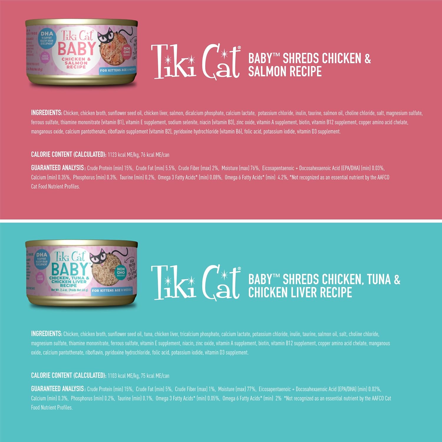 Tiki Cat Baby, Shreds Variety Pack, ad alto contenuto proteico e aromatizzato, cibo umido per gattini 8 Weeks Plus, 2,4 once. Lattine (confezione da 12)
