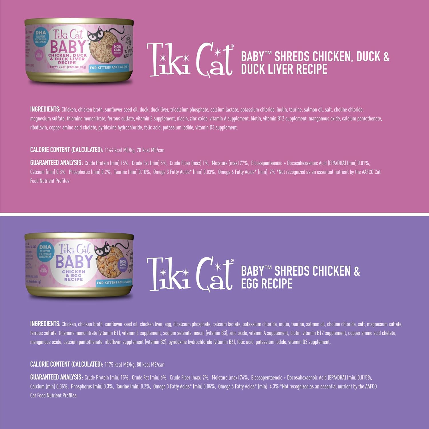 Tiki Cat Baby, Shreds Variety Pack, ad alto contenuto proteico e aromatizzato, cibo umido per gattini 8 Weeks Plus, 2,4 once. Lattine (confezione da 12)