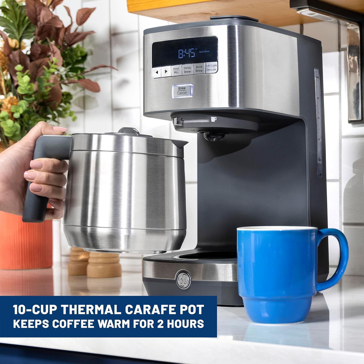 GE Drip Coffee Maker With Timer | 10-Cup Thermal Carafe Pot Keeps Coffee Warm for 2 Hours | Adjustable Brew Strength | Wide Shower Head for Maximum Flavor | Kitchen Essentials | Stainless Steel · v2