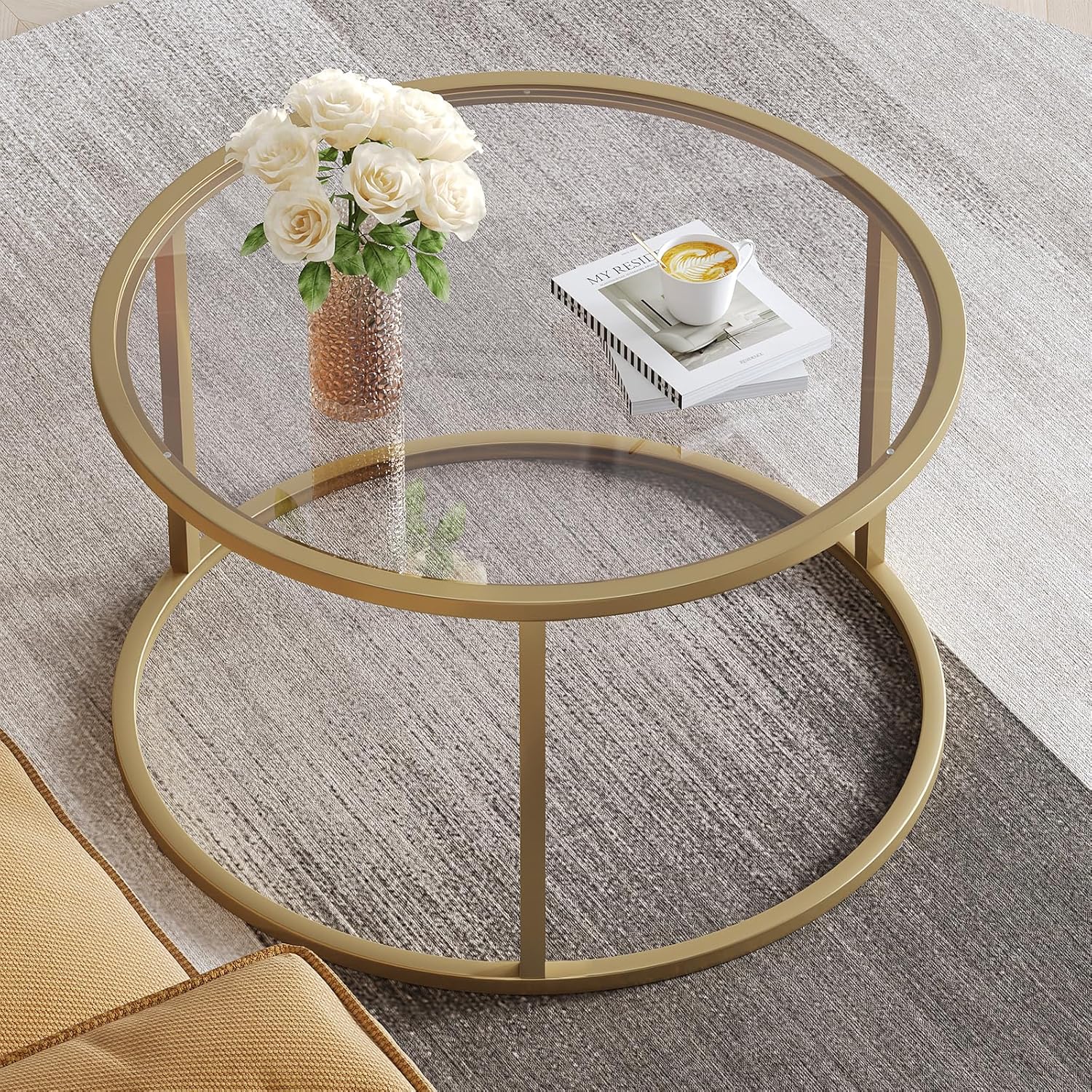 Mesita pequeña de cristal SAYGOER, mesa de centro redonda dorada para espacios pequeños, mesa de centro moderna y sencilla con marco dorado para sala de estar, oficina, fácil de montar