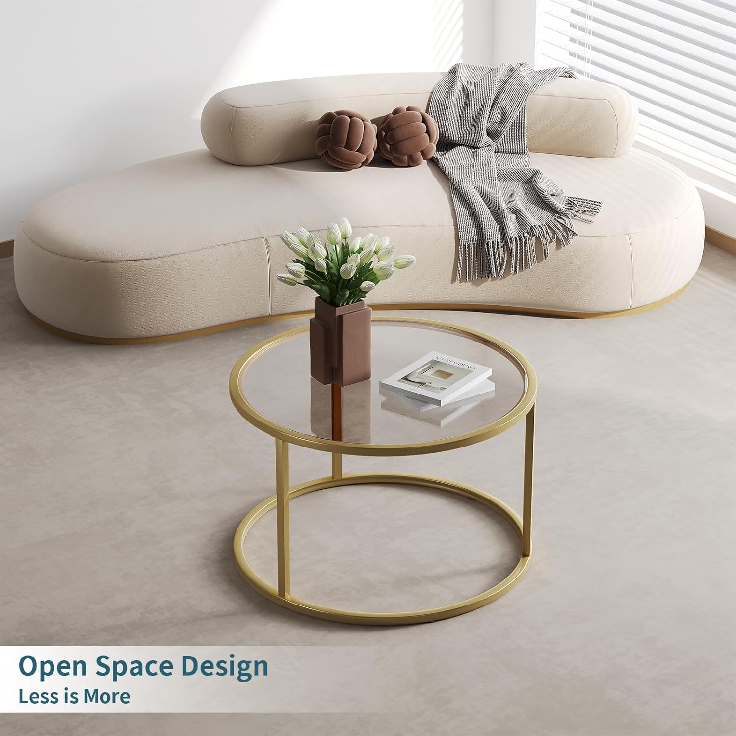 Mesita pequeña de cristal SAYGOER, mesa de centro redonda dorada para espacios pequeños, mesa de centro moderna y sencilla con marco dorado para sala de estar, oficina, fácil de montar