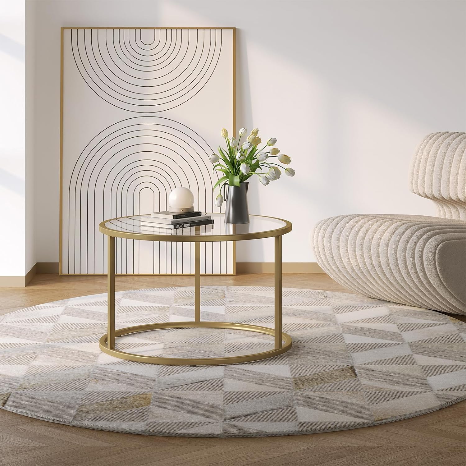 Mesita pequeña de cristal SAYGOER, mesa de centro redonda dorada para espacios pequeños, mesa de centro moderna y sencilla con marco dorado para sala de estar, oficina, fácil de montar