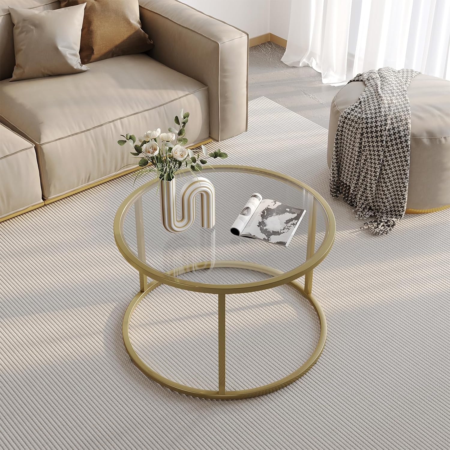 Mesita pequeña de cristal SAYGOER, mesa de centro redonda dorada para espacios pequeños, mesa de centro moderna y sencilla con marco dorado para sala de estar, oficina, fácil de montar