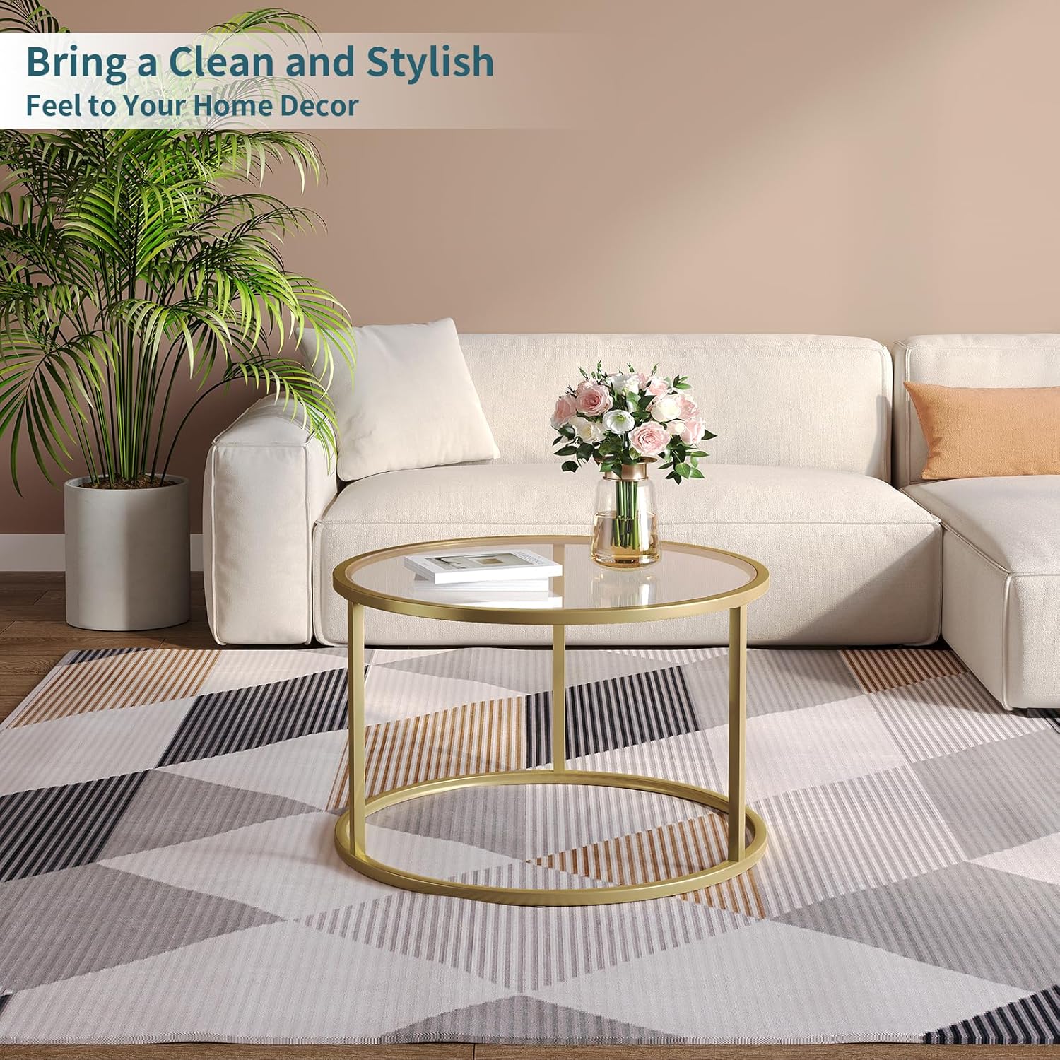 Mesita pequeña de cristal SAYGOER, mesa de centro redonda dorada para espacios pequeños, mesa de centro moderna y sencilla con marco dorado para sala de estar, oficina, fácil de montar