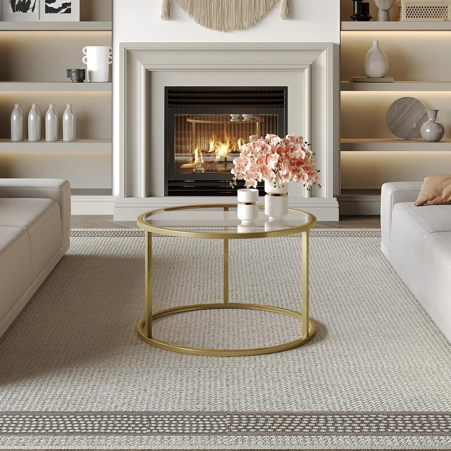 Mesita pequeña de cristal SAYGOER, mesa de centro redonda dorada para espacios pequeños, mesa de centro moderna y sencilla con marco dorado para sala de estar, oficina, fácil de montar