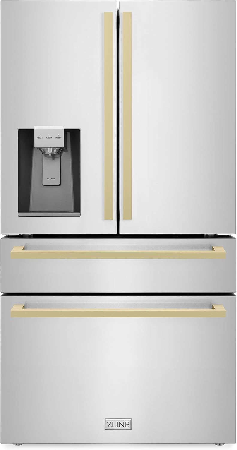 ZLINE 36 in. Autograph Edition 21.6 cu. ft 4-Door French Door Refrigerator with Water and Ice Dispenser in Stainless Steel with Champagne Bronze Modern Handles (RFMZ-W-36-FCB)