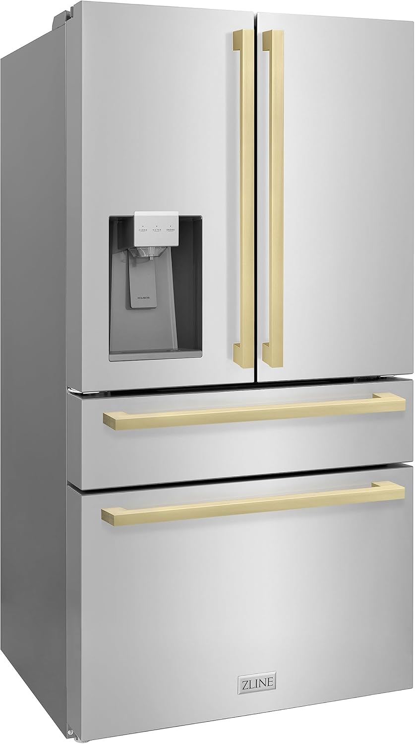 ZLINE 36 in. Autograph Edition 21.6 cu. ft 4-Door French Door Refrigerator with Water and Ice Dispenser in Stainless Steel with Champagne Bronze Modern Handles (RFMZ-W-36-FCB)