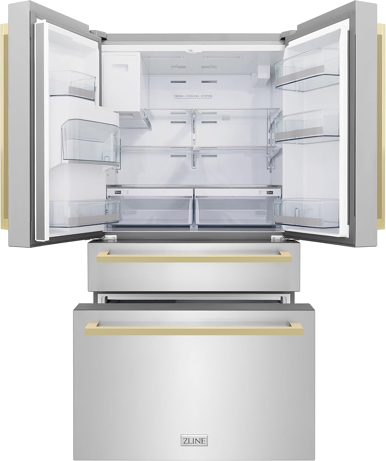 ZLINE 36 in. Autograph Edition 21.6 cu. ft 4-Door French Door Refrigerator with Water and Ice Dispenser in Stainless Steel with Champagne Bronze Modern Handles (RFMZ-W-36-FCB)