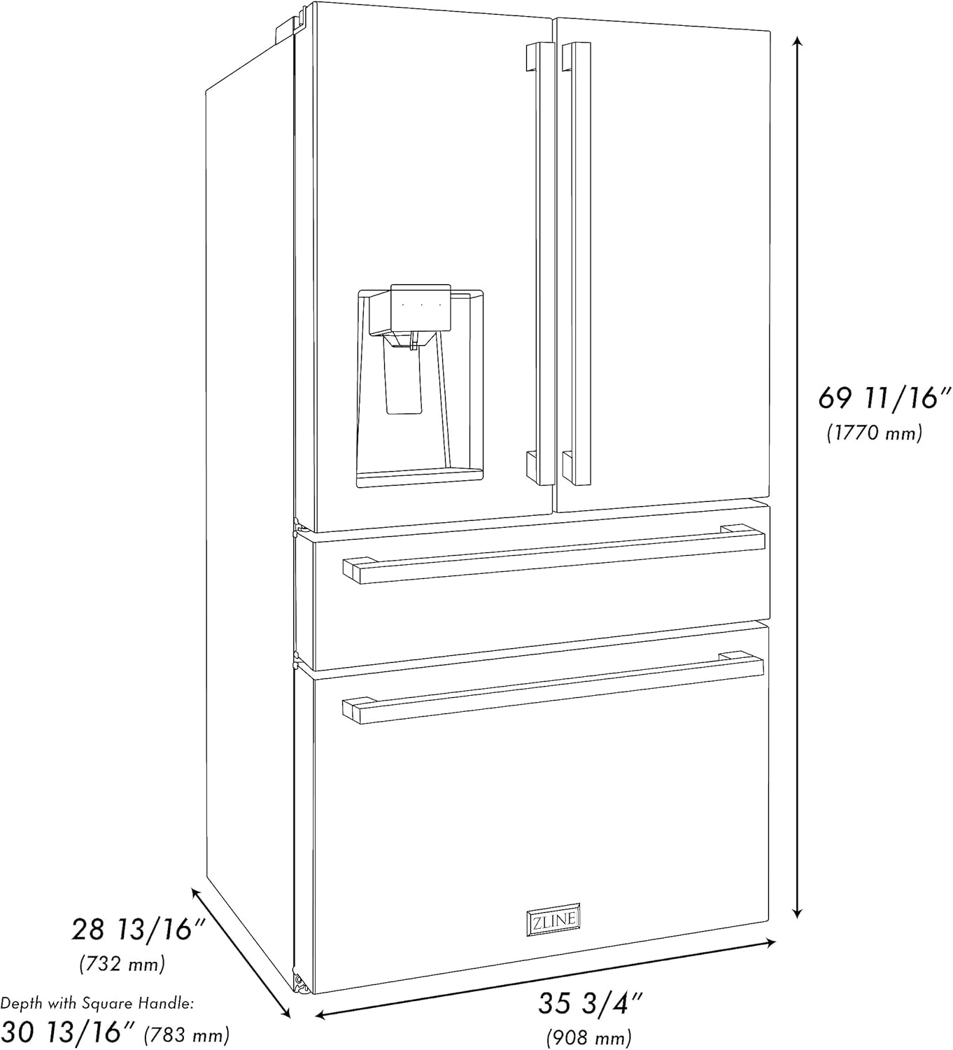 ZLINE 36 in. Autograph Edition 21.6 cu. ft 4-Door French Door Refrigerator with Water and Ice Dispenser in Stainless Steel with Champagne Bronze Modern Handles (RFMZ-W-36-FCB)