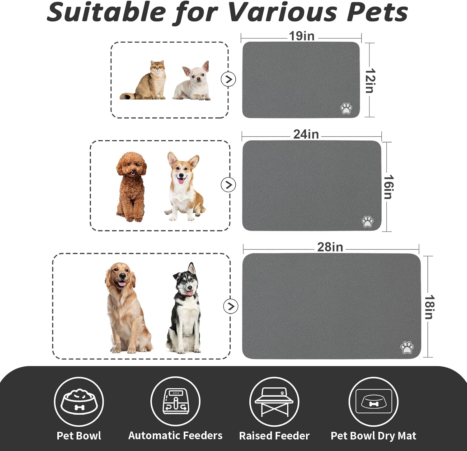 Tappetino per alimentazione per animali domestici - Grigio scuro 16x 24" | Tappetino assorbente per cani per cibo e acqua, tappetino per ciotola per gatti antimacchia, tovagliette per animali domestici facili da pulire, tappetino per dispenser di acqua per cani ad asciugatura rapida per bevitori disordinati